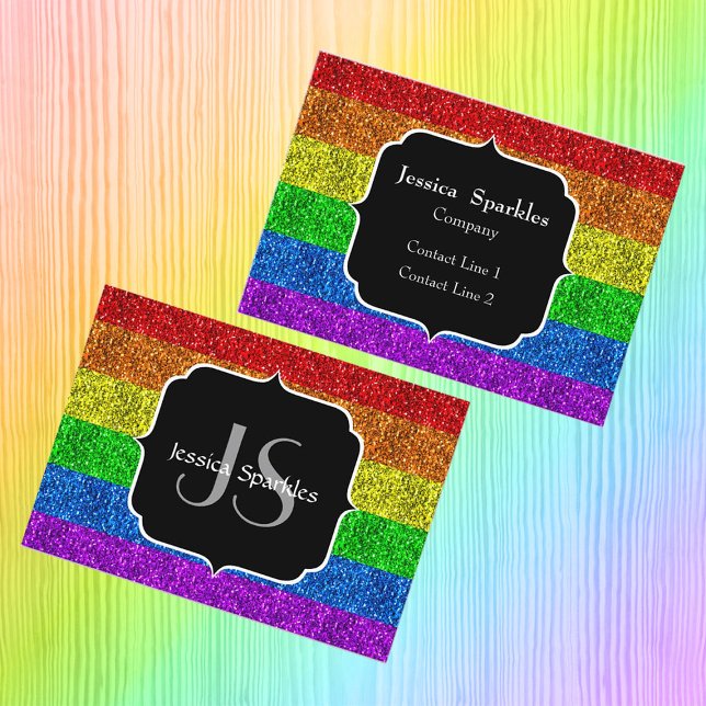 LGBT flag vibrant rainbow glitter sparkle Monogram Business Card (Creator Uploaded)