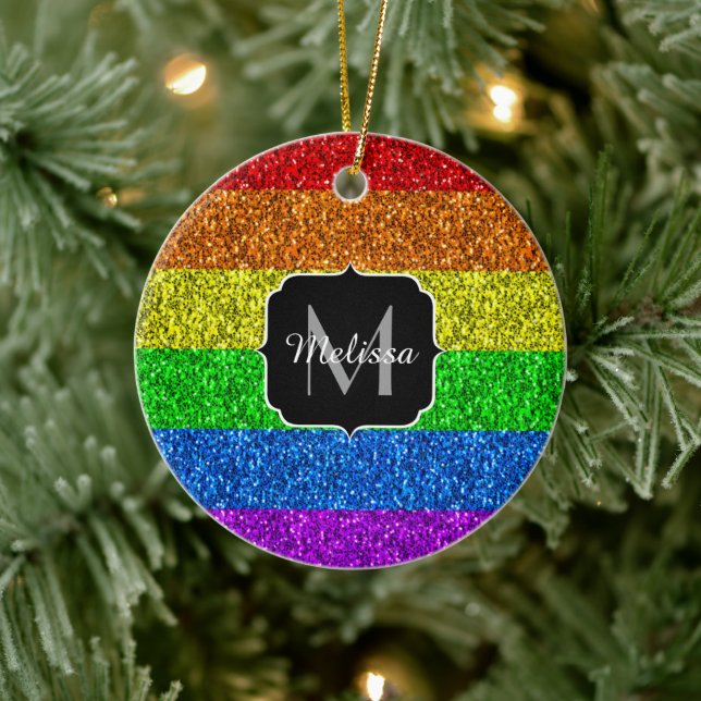 LGBT flag vibrant rainbow glitter sparkle Monogram Ceramic Ornament (Tree)