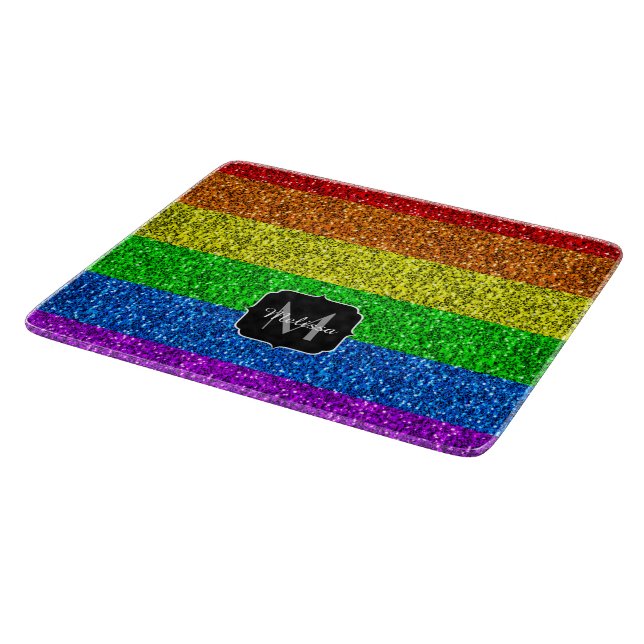 LGBT flag vibrant rainbow glitter sparkle Monogram Cutting Board (Corner)