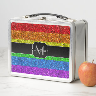 LGBT flag vibrant rainbow glitter sparkle Monogram Metal Lunch Box