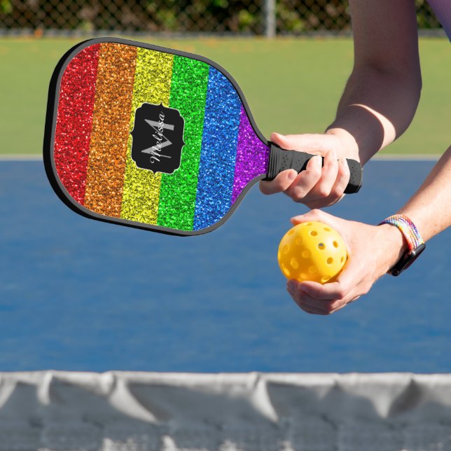 LGBT flag vibrant rainbow glitter sparkle Monogram Pickleball Paddle (Insitu)