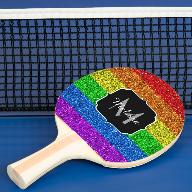 LGBT flag vibrant rainbow glitter sparkle Monogram Ping Pong Paddle (Insitu)