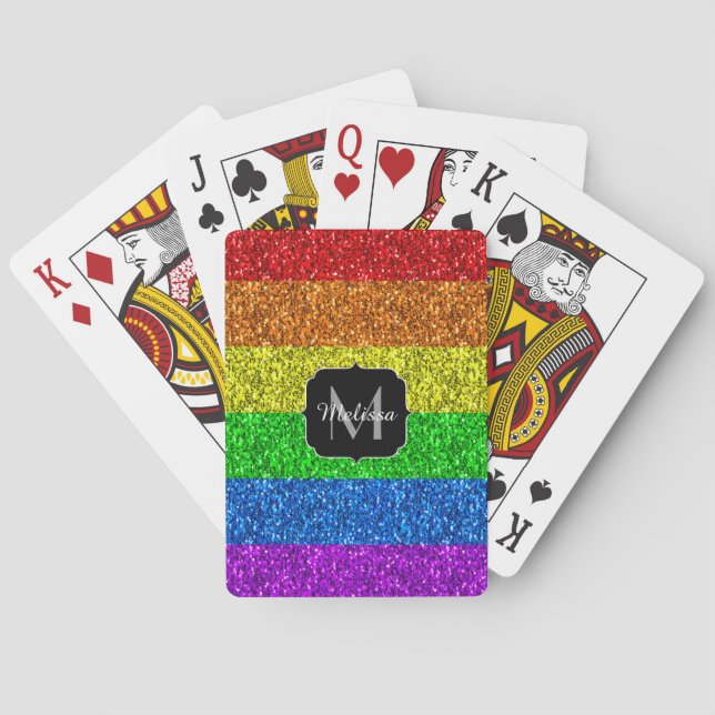 LGBT flag vibrant rainbow glitter sparkle Monogram Playing Cards (Back)