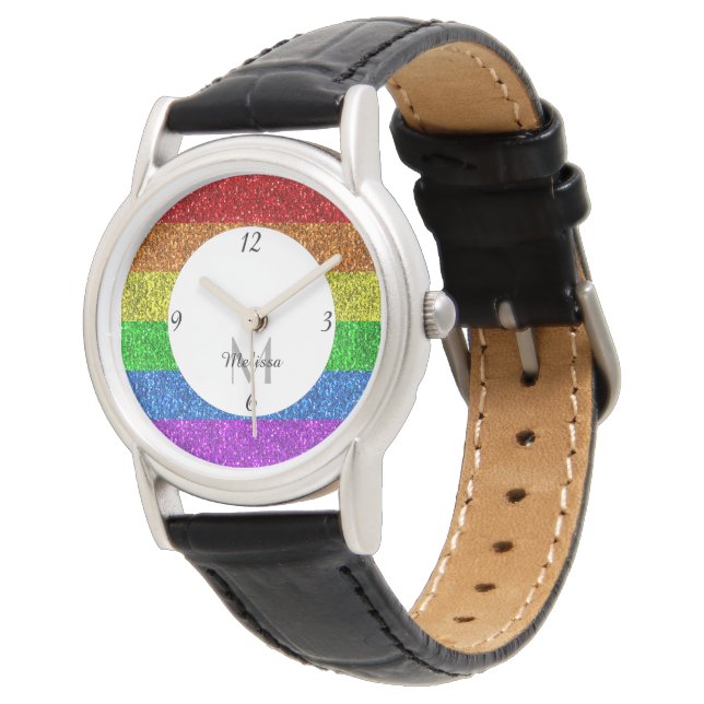 LGBT flag vibrant rainbow glitter sparkle Monogram Watch (Angled)
