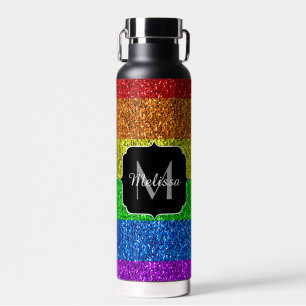 LGBT flag vibrant rainbow glitter sparkle Monogram Water Bottle
