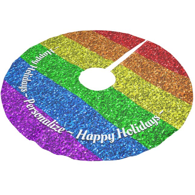 LGBT flag vibrant rainbow sparkles Personalise Brushed Polyester Tree Skirt (Angled)