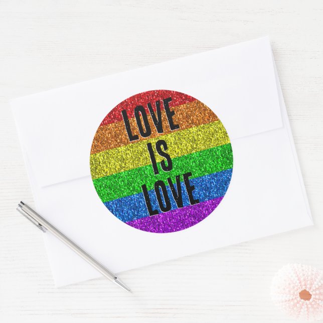 LGBT flag vibrant Sparkle Love text customise Classic Round Sticker (Envelope)
