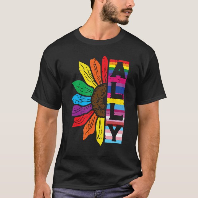 Lgbt Gay Ally Sunflower Rainbow Pride Flag Men Wom T-Shirt (Front)