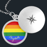 LGBT Gay Lesbian Pride Rainbow Flag Colours Silver Locket Necklace<br><div class="desc">Beautiful, vibrant, LGBT gay pride rainbow flag colours, colourful geometric stripes pattern, custom, personalised, monogrammed, stylish, UV resistant and waterproof, sterling silver finish metal round charm locket necklace. The necklace features text in elegant faux gold typography script. Simply enter your name / couples names / wedding date / monogram /...</div>
