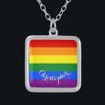 LGBT Gay Lesbian Pride Rainbow Flag Monogrammed Silver Plated Necklace<br><div class="desc">Beautiful, vibrant, LGBT gay pride rainbow flag colours, colourful geometric stripes pattern, custom, personalised, monogrammed, stylish, UV resistant and waterproof, sterling silver finish metal square charm necklace. The necklace features text in elegant faux gold typography script. Simply enter your name / couples names / wedding date / monogram / initials,...</div>