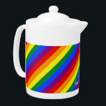 LGBT Gay Pride Rainbow Stripes Colourful Flag LGBT<br><div class="desc">Beautiful, vibrant, LGBT gay pride rainbow flag colours, colourful geometric stripes pattern, custom, personalised, modern, cool, stylish, classy elegant faux gold script / typography / font, monogrammed, 100% white porcelain, dishwasher safe, microwave safe, teapot. Simply type in your name / kids name / family name / company name, to customise....</div>