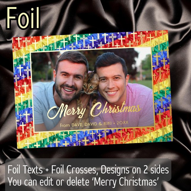 LGBT Gay rainbow flag cross Christmas custom photo Foil Holiday Card (Creator Uploaded)