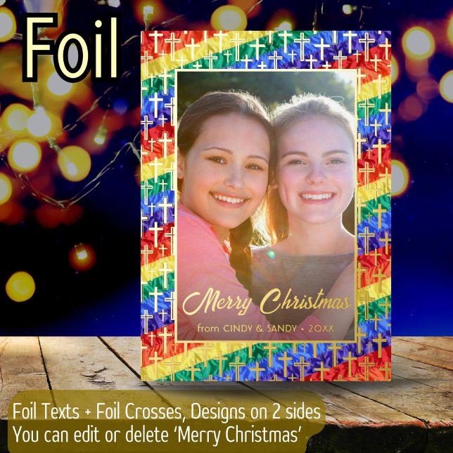 LGBT Gay rainbow flag cross custom phot Christmas Foil Holiday Card (Creator Uploaded)