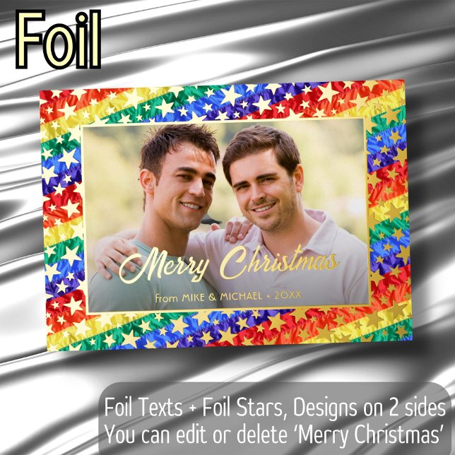 LGBT gay rainbow flag star custom photo Christmas Foil Holiday Card (Creator Uploaded)