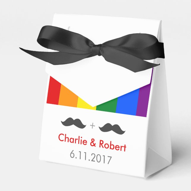 LGBT Gay Wedding Moustaches Rainbow Favour Box (Front Side)