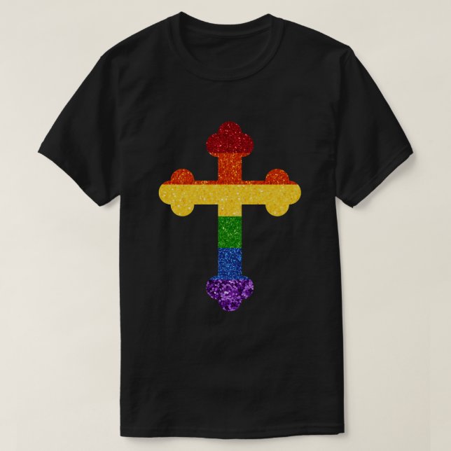 LGBT Glitter Rainbow Pride Cross T-Shirt (Design Front)
