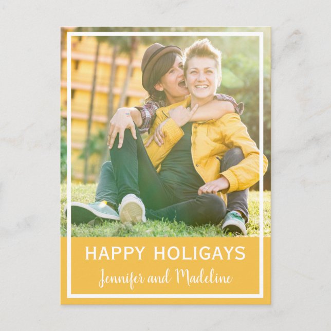 LGBT Happy Holigays Christmas Photo Mustard Yellow Holiday Postcard (Front)