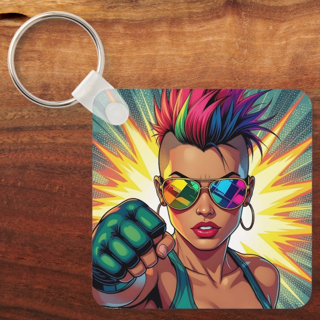 LGBT Lesbian Mohawk Uppercut Pop Art Key Ring (Front)