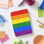 LGBT Monogrammed Rainbow Stripes Gay Lesbian Pride iPad Pro Cover<br><div class="desc">Create your own custom, personalised, unique, one-of-a-kind, beautiful elegant stylish faux gold typography script name monogram / initials, monogrammed, cool, modern, vibrant, LGBT gay pride rainbow flag colours, colourful geometric stripes pattern, magnetic iPad smart cover that folds into multiple stand positions and features grey microfiber interior that helps protect your...</div>