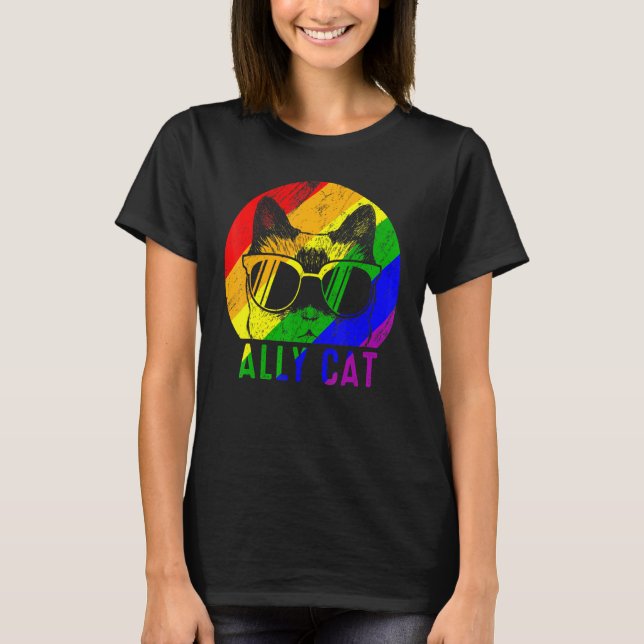 Lgbt Pride Ally Cat Rainbow  Flag Gay Lesbian Supp T-Shirt (Front)