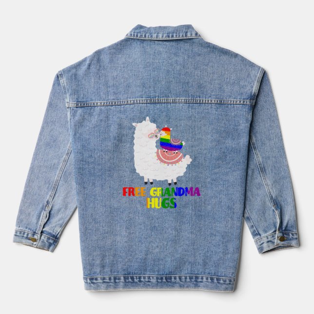 LGBT Pride Free Grandma Hugs Llama Rainbow Family  Denim Jacket (Back)