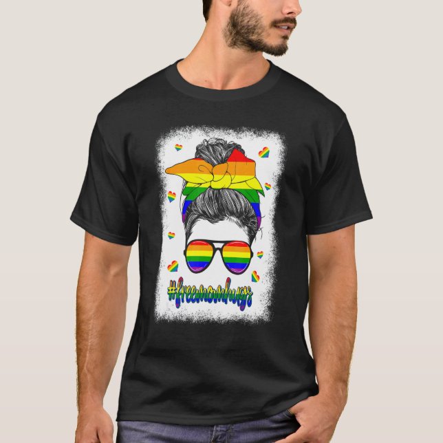 Lgbt Pride  Free Mum Hugs Messy Bun Rainbow Flag T-Shirt (Front)