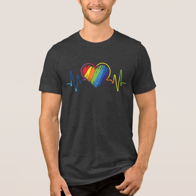 LGBT Pride Gay Lesbian Modern Rainbow Heartbeat Tri-Blend Shirt (Front)