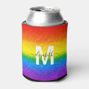 LGBT Pride Glitter Rainbow Stripes Monogram Name Can Cooler