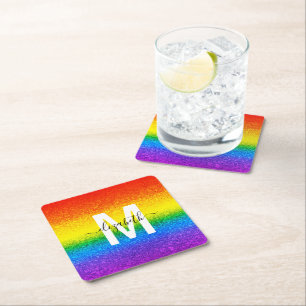 LGBT Pride Glitter Rainbow Stripes Monogram Name Square Paper Coaster