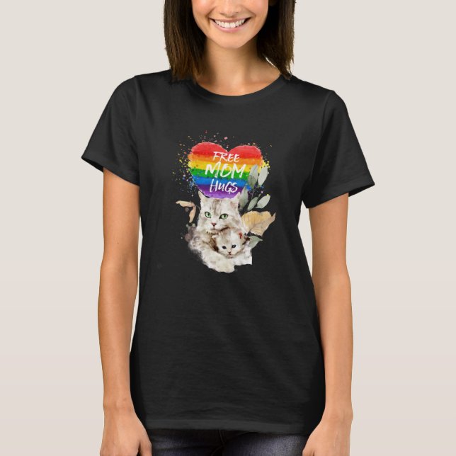 LGBT Pride Mama Cat and Kitten Free Mum Hugs Mothe T-Shirt (Front)
