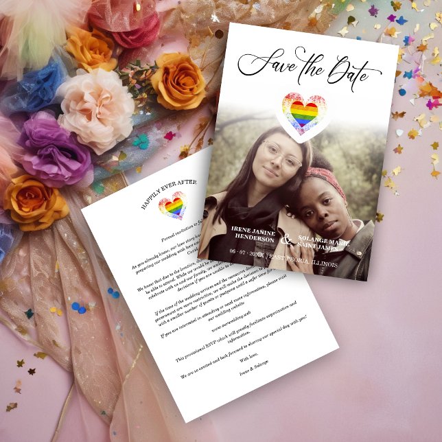 LGBT Pride Rainbow Heart Lesbian Gay Photo Save The Date (Creator Uploaded)