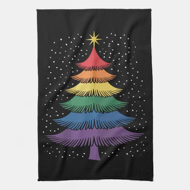 LGBT-Q Pride Christmas Tree Pajama Rainbow Flag Tea Towel (Vertical)