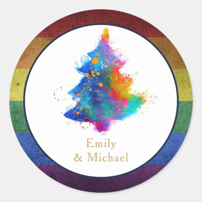 LGBT Rainbow Christmas Tree Event Personalised Classic Round Sticker (Front)
