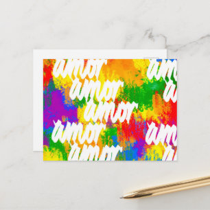 LGBT Rainbow colour brushstrokes Amor calligraphy  Postcard