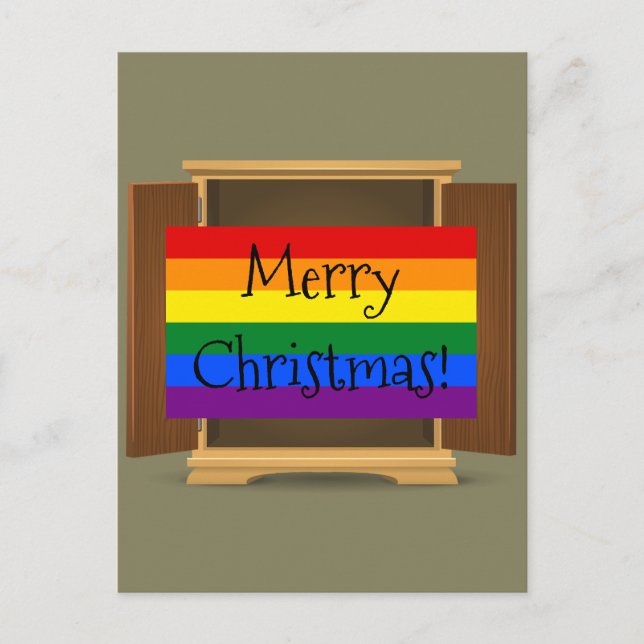 LGBT Rainbow coming out of the closet Christmas Holiday Postcard (Front)