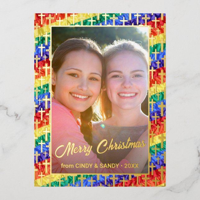 LGBT rainbow flag Cross custom photo Christmas Foil Holiday Postcard (Front)
