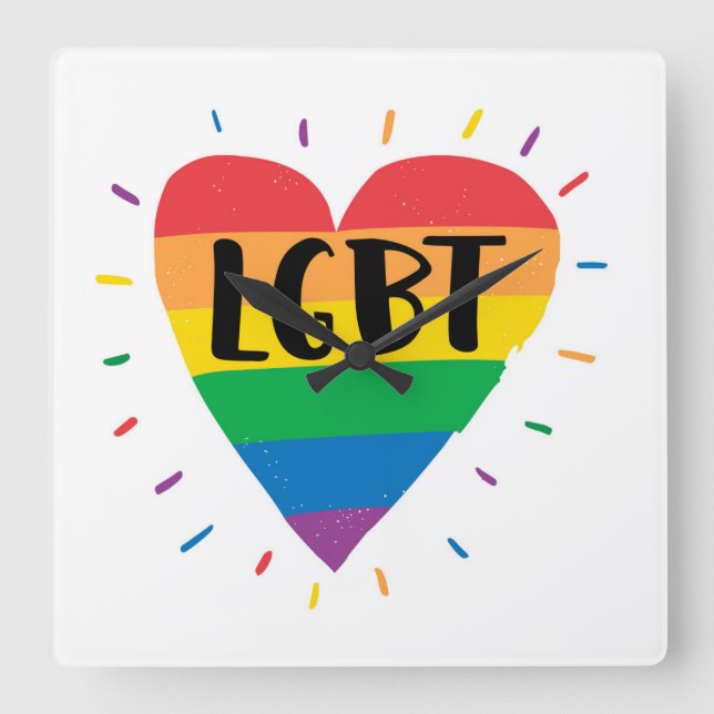LGBT Rainbow Heart Square Wall Clock (Front)