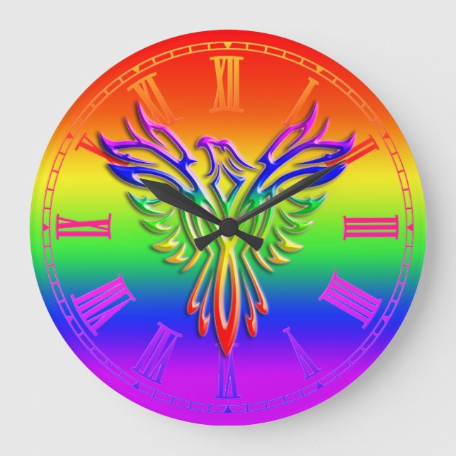 LGBT Rainbow Pride Phoenix Rising, embossed-effect Large Clock (Front)