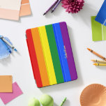 LGBT Rainbow Stripes Gay Lesbian Pride Monogrammed iPad Pro Cover<br><div class="desc">Create your own custom, personalised, unique, one-of-a-kind, beautiful elegant stylish faux gold typography script name monogram / initials, monogrammed, cool, modern, vibrant, LGBT gay pride rainbow flag colours, colourful geometric stripes pattern, magnetic iPad smart cover that folds into multiple stand positions and features grey microfiber interior that helps protect your...</div>