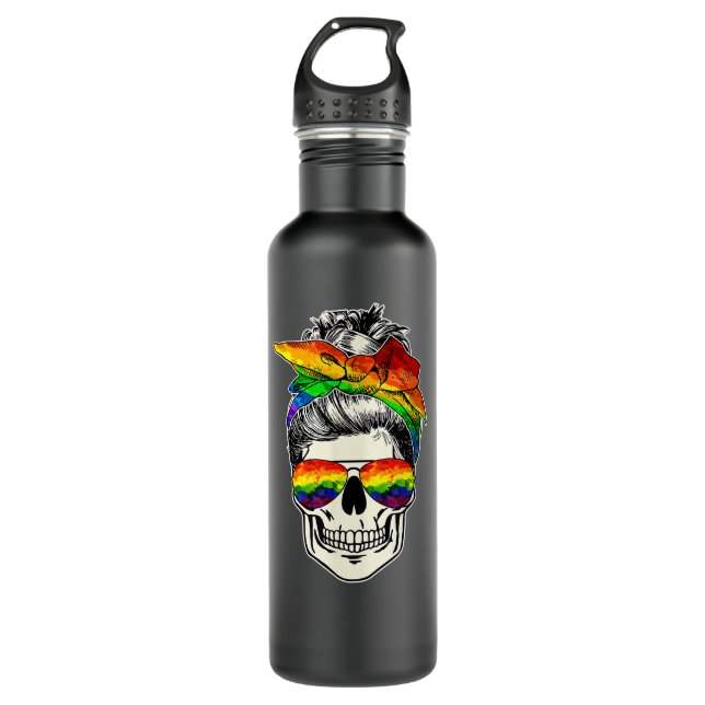 LGBT Skull Messy Bun Rainbow LGBTQ Gay Pride LGBT  710 Ml Water Bottle (Front)