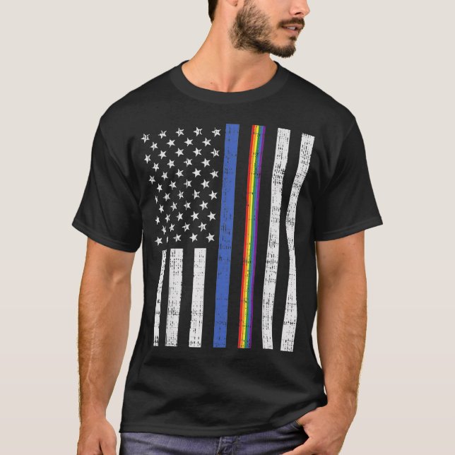 LGBT Thin Blue Line Rainbow American Flag Gay Poli T-Shirt (Front)