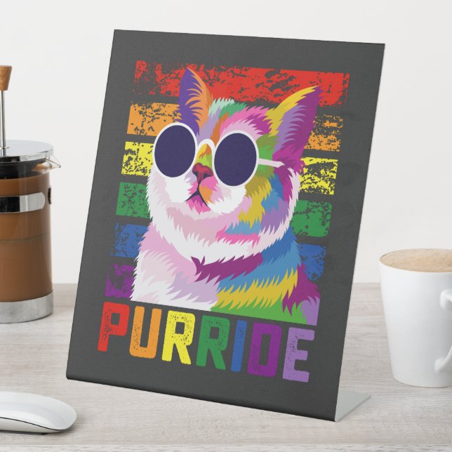 LGBT Tie Dye Pride Cat Purride Gay Rainbow Retro Pedestal Sign (In SItu)