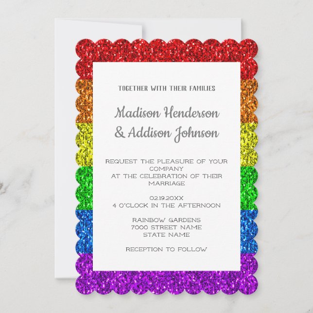 LGBT Wedding flag vibrant rainbow sparkle Monogram Invitation (Front)