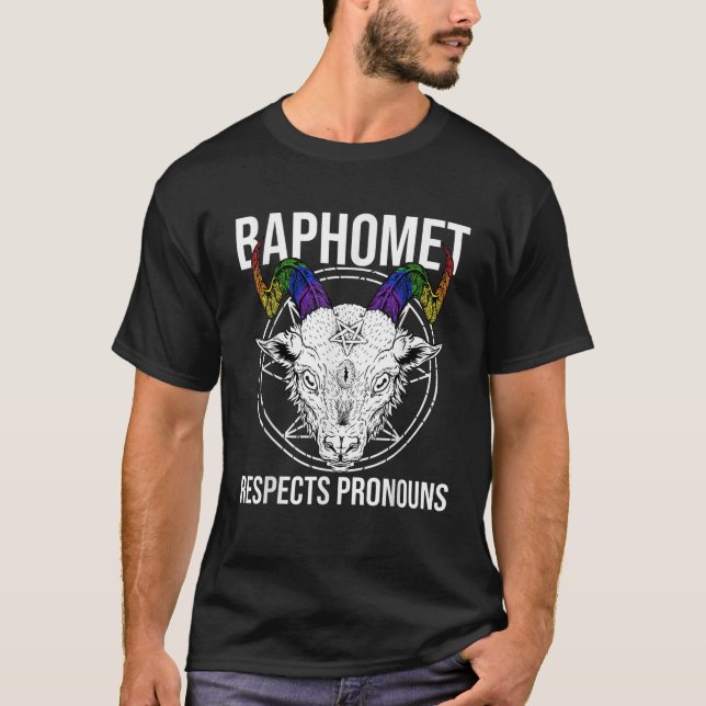 LGBTQ Baphomet Satan Devil Respect Pronouns T-Shirt (Front)
