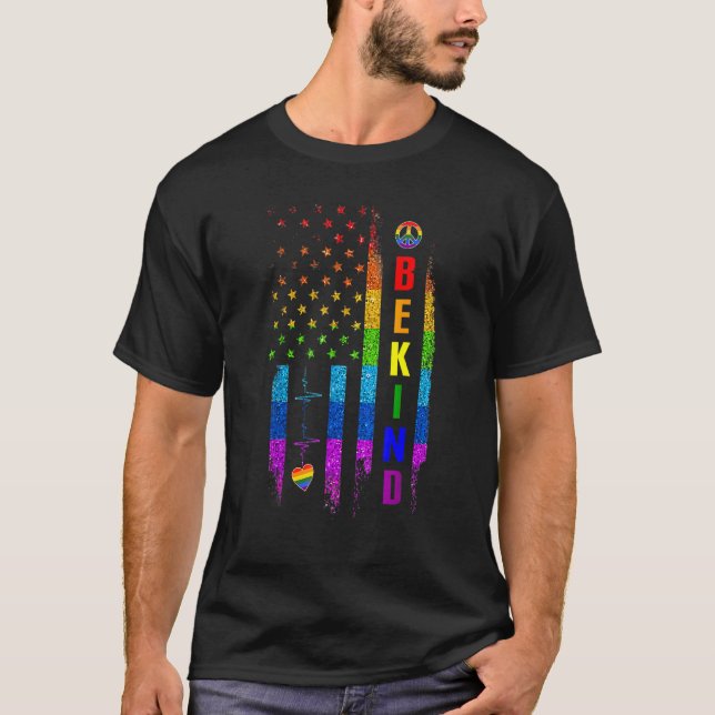 Lgbtq Be Kind Gay Pride Lgbt Rainbow American Flag T-Shirt (Front)