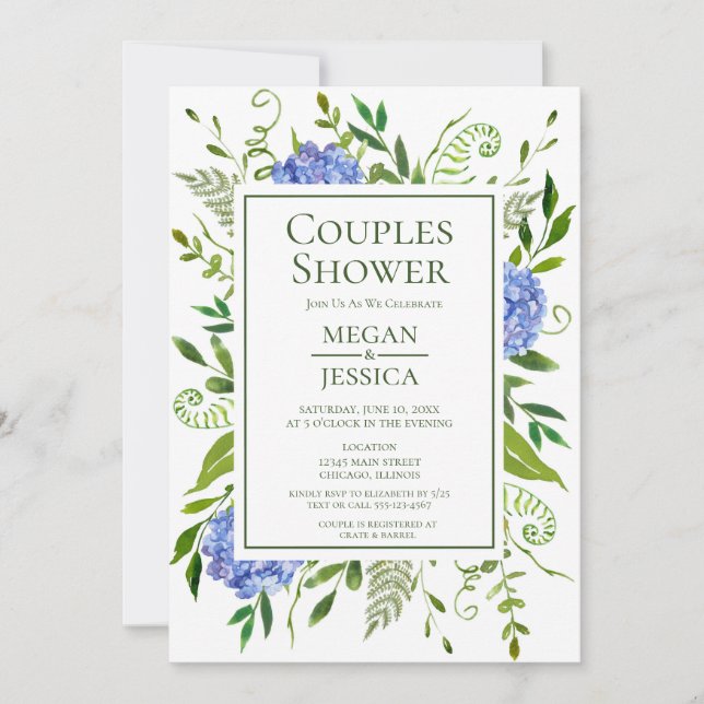 LGBTQ Blue Hydrangeas Floral Couples Shower Invitation (Front)