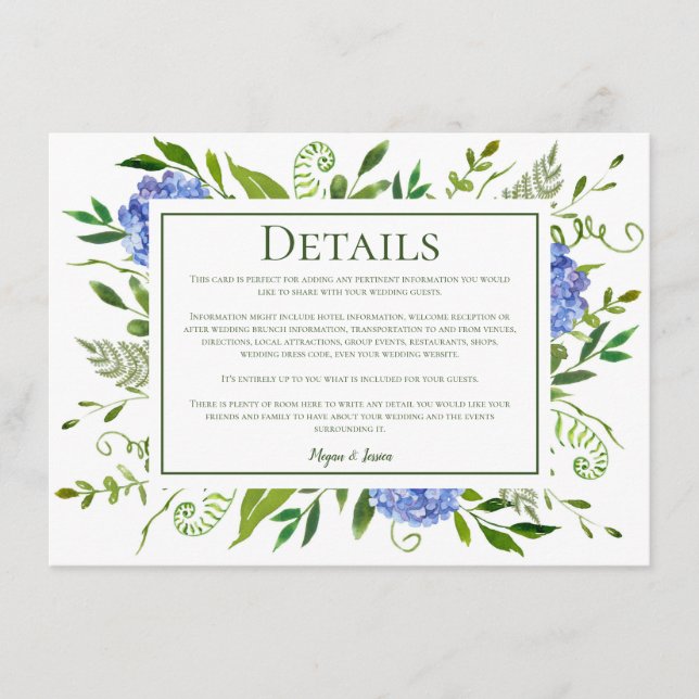 LGBTQ Blue Hydrangeas Floral Wedding Details Enclosure Card (Front)