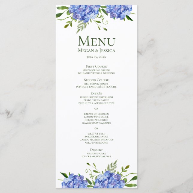 LGBTQ Blue Hydrangeas Floral Wedding Menu (Front)
