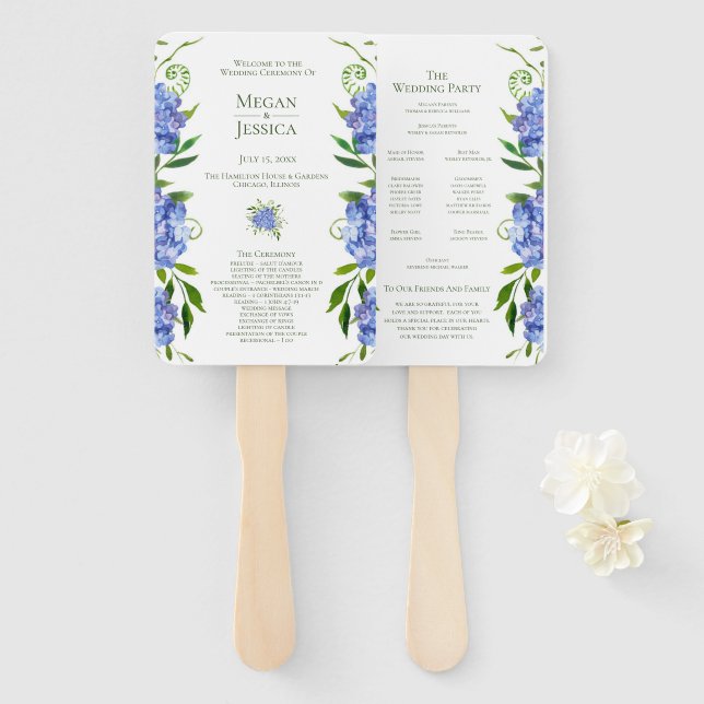 LGBTQ Blue Hydrangeas Floral Wedding Program Hand Fan (Front and Back)