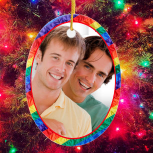 LGBTQ custom photo gay pride rainbow flag oval Ceramic Ornament
